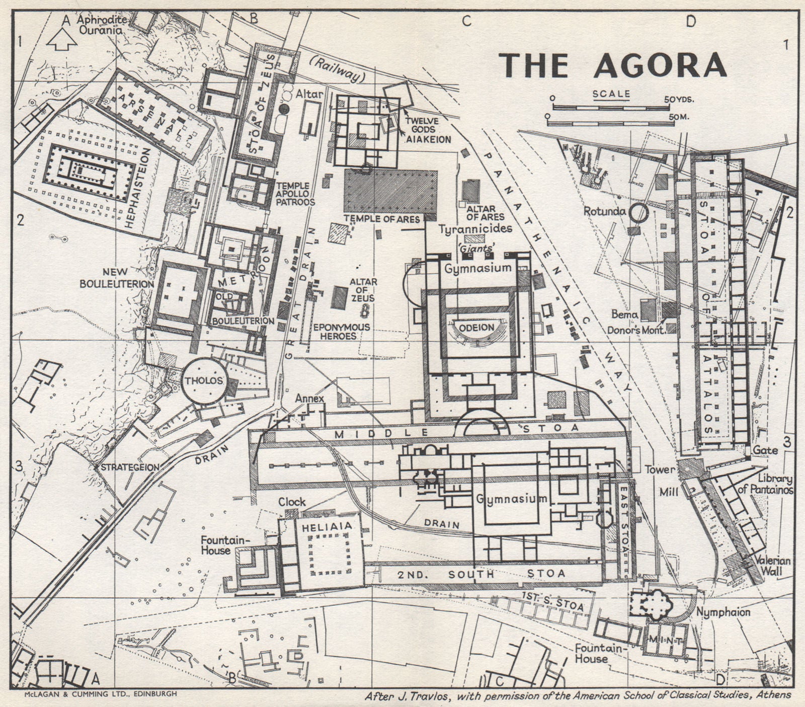 THE AGORA vintage ground plan. Athens, Greece 1962 old vintage map chart